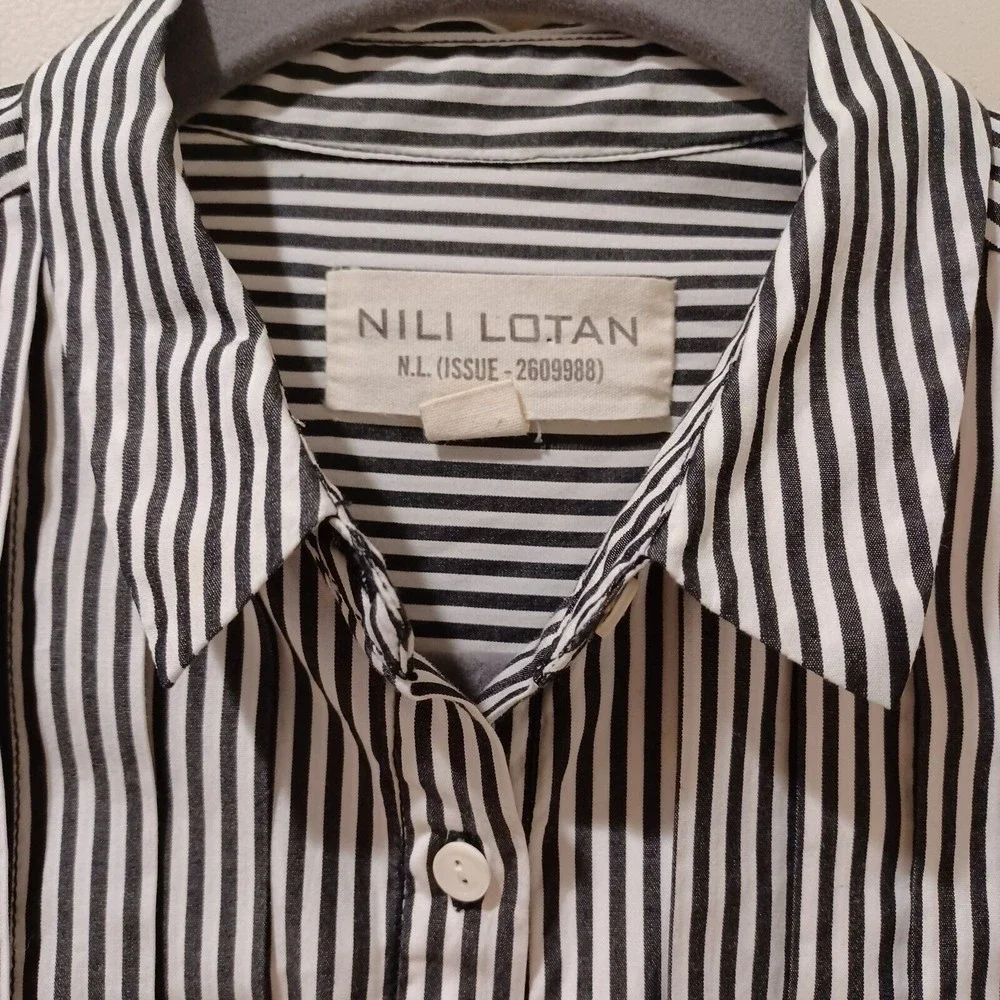 Nili Lotan 3/4 Sleeve Navy Blue Stripe Button Down Relaxed Boxy Fit Shirt XS - Picture 4 of 9